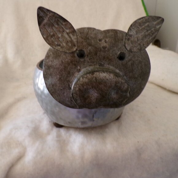 Galvanized Metal Pig Piggy Hog Shaped Planter Pot Farmhouse Decor - Picture 5 of 5